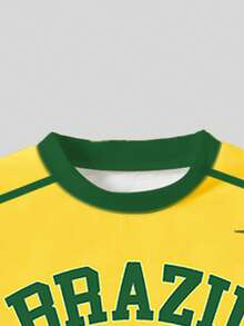 Conjunto de camiseta de cuello redondo con letra Brasil verde de moda vintage, adecuado para uso diario, conjunto de 2 piezas para niñas, conjunto casual, ambiente casual, comodidad fácil, conjunto de niña con estilo, nuevo estilo, relajado relajado - Multicolor - Ver 5