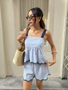 SHEIN Frenchy 女士方领无袖荷叶边条纹夏季时尚背心短裤两件套 - 藍白色 - 查看 6