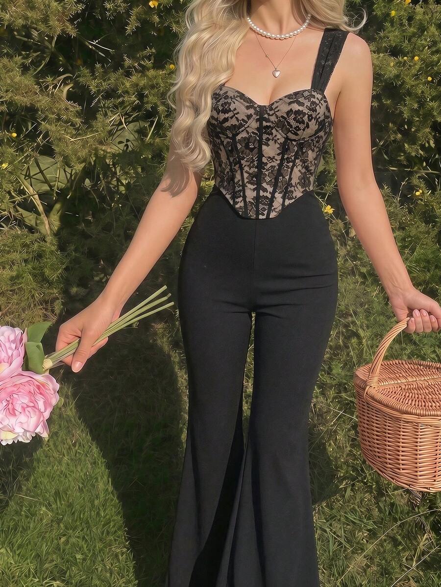 Skyraze Bustier Fishbone Tape Flared Jumpsuit Party Club Black Floral Summer - Black - View 1