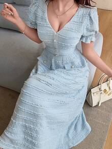 Feyla Women's Elegant Light Blue V Neck Short Dress With Puffed Sleeves And Button Detail - Baby Blue - View 8
