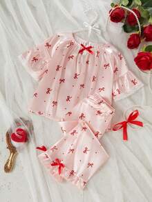 SHEIN 女童蝴蝶结印花上衣和裤子睡衣套装 - 彩色 - 查看 4