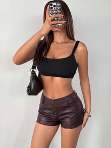 SHEIN PETITE Quần short nữ màu trơn, khóa kéo phía trước, kiểu dáng thường ngày, quần short siêu ngắn. - Cà phê nâu - Xem 4