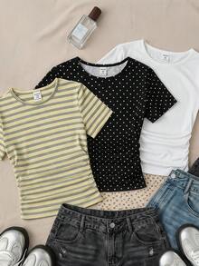 3pcs/Set Tween Girls' Casual Versatile White, Cream Striped, Black Polka Dot Round Neck Ruched Fitted Short Sleeve T-Shirts, Suitable For Daily Wear - Multicolor - View 3