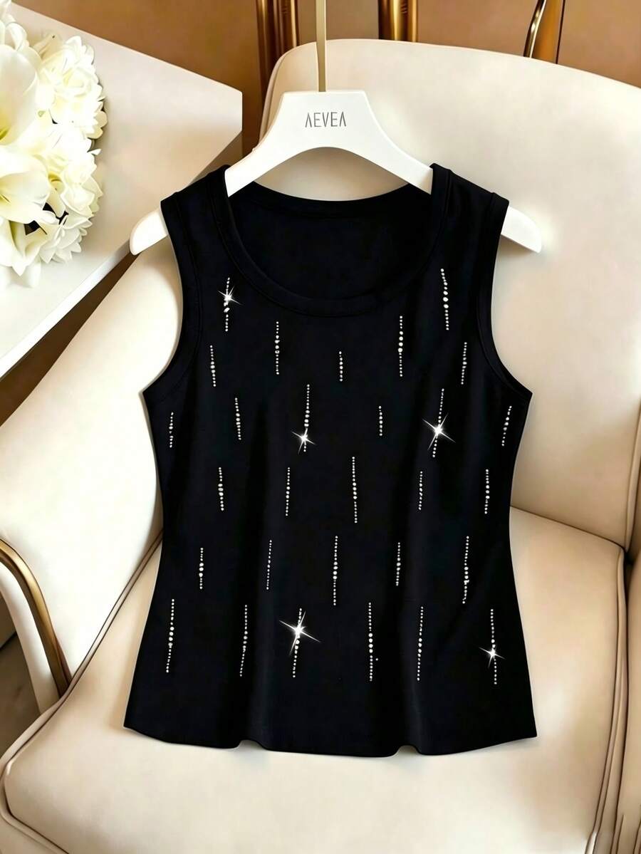 GlowEve Women's Casual Elegant Rhinestone Decor Tank Top, Suitable For Spring/Summer Commuting - Black - View 1