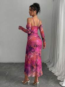 Rafferiza 女士优雅印花网纱落肩无袖连衣裙 - 彩色 - 查看 2