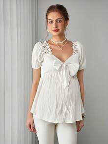 SHEIN Camisa de maternidad casual de unicolor con lazo y plisado para mujeres embarazadas, blusa elegante de fiesta para el verano, color amarillo - Blanco - Ver 5