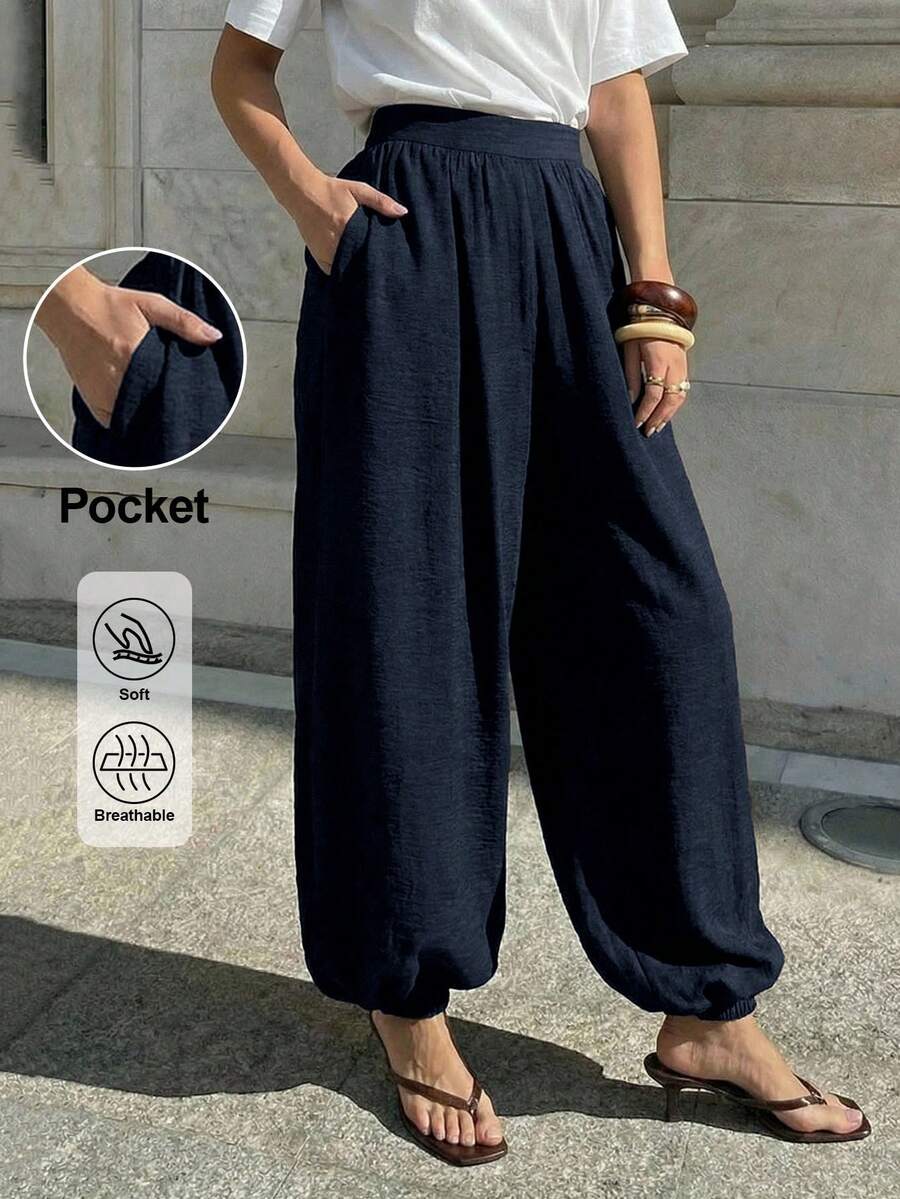 Lavishia Women's Casual Balloon Pants, Comfortable & Versatile Coffee Color Long Pants, Spring/Summer - Navy Blue - View 1