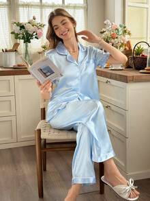 Snug Reverie Women's Short Sleeve Faux Silk Pajama Set With Small Ruffle Collar Loungewear Baby Blue Summer Elegant - Baby Blue - View 6