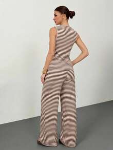SHEIN Tall 2pcs Women Casual Striped Front Button Long Sleeve Top And Wide Leg Pants Set, Autumn - Khaki - View 3