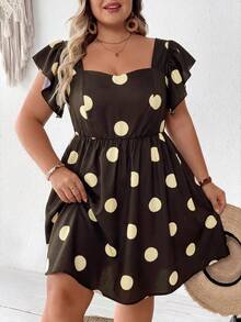 SHEIN CURVE+ Plus Size Women Lemon Fruit Print Sweetheart Neck Puff Sleeve A-Line Mini Dress, Vacation Style For Summer Boho Vacation - Brown - View 5