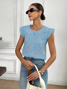 Muvela Blusa elegante de mujer de unicolor, cuello redondo, manga corta y bajo con volantes, para verano - Celeste - Ver 5