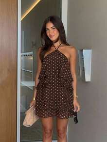 Siren Gaze Vestido de mujer con cuello halter, de varios niveles, con estampado de lunares, versátil y de moda - Marrón - Ver 12