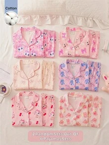 SHEIN 女童舒适卡通图案长袖上衣和裤子睡衣套装 - 彩色 - 查看 2