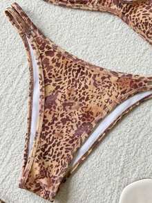 Swim Vcay 女士夏季新款性感抹胸系带上衣和低腰波点印花比基尼套装 - 咖啡棕 - 查看 5