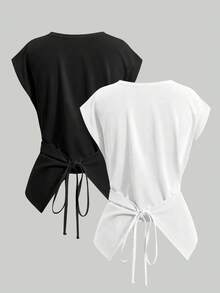 SHEIN 大码女式夏季简约纯色圆领交叉下摆上衣 - 彩色 - 查看 2