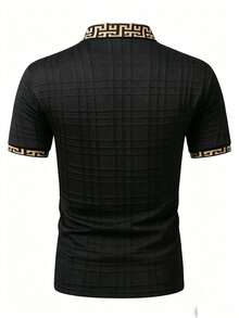 Manfinity Homme Men's Knitted Jacquard Solid Color Textured Collar & Cuff Black Ribbed Polo Shirt With 2 Black Buttons - Black - View 3