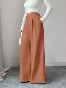 SHEIN Elenzya 女士纯色褶裥休闲百搭日常裤 - 棕色 - 查看 3