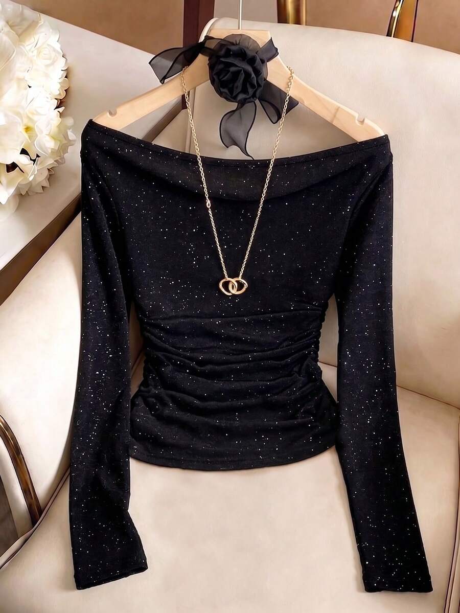 GlowEve Women's Shiny Pleated Off Shoulder Long Sleeve Fashion T-Shirt - Black - View 1