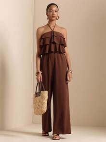 Vesra Bộ jumpsuit dài nữ cổ yếm nhiều lớp xếp nếp ở eo - Cà phê nâu - Xem 6