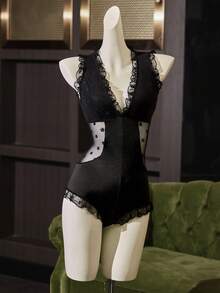 SilkySpell Sexy Women Lace Patchwork Ruffle V-Neck Romper Sleepwear - Black - View 7