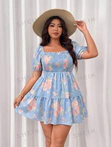 Vionelle Plus Size Women Floral Print Ruched Square Neck Party Dress - Baby Blue - View 6