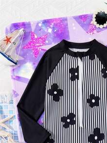 SHEIN 少女條紋花卉印花前拉鍊長袖連身泳衣 - 彩色 - 查看 5