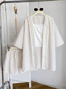 SHEIN 青少年女孩吊帶上衣、條紋中袖和服襯衫與抽繩短褲套裝，休閒夏季度假穿搭，3件式短套裝夏季服飾，度假海灘穿搭 - 卡其色 - 查看 2