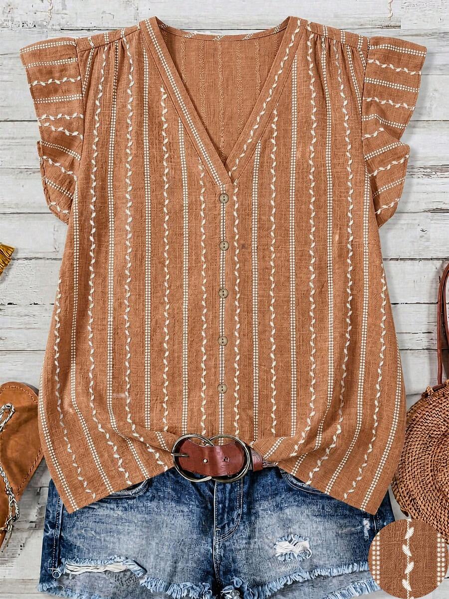 SHEIN LUNE Plus Size Brown Striped Textured Ruffle Hem Shirt,Boho Summer Vacation Holiday Minimalist Casual Versatile Beach Graduation Brunch Elegant Outfit - Multicolor - View 1