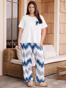 Doze Lane Casual Blue-Gray Wavy Pattern Print Short Sleeve & Pants Loungewear Set, Plus Size - White - View 6