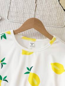 Tween Girl 2 Pieces Set, Fresh Lemon Print Round Neck Short Sleeve Top And Wide Leg Pants, Summer - Yellow - View 8
