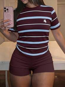 Slaydiva Bộ 2 món áo thun nữ dáng rộng thoải mái và quần short ôm, bộ đồ nữ, trang phục kẻ sọc, bộ đồ thể thao nữ thường ngày - Nhiều màu - Xem 5
