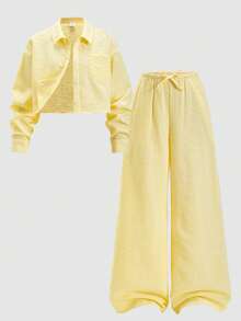 SHEIN Tween Girls Cropped Long Sleeve Striped Shirt Set - Yellow - View 2