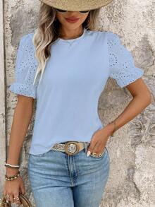 Breezaya Women's Solid Color Round Neck Casual Versatile Fashionable Hollow Embroidery Short Sleeve T-Shirt - Blue - View 3