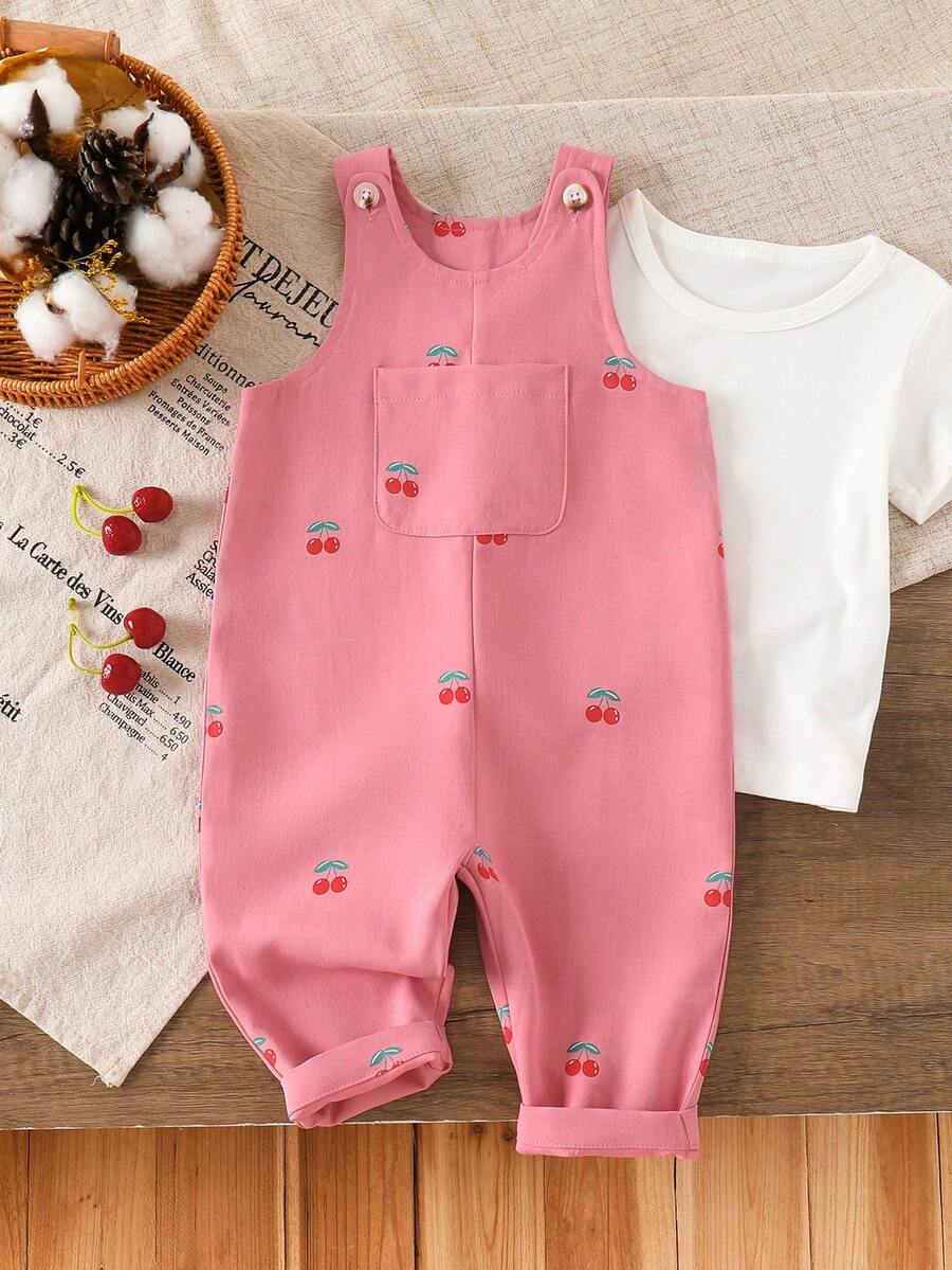 SHEIN Vintaside Kids 女嬰粉色可愛櫻桃印花前口袋休閒吊帶連身褲單件