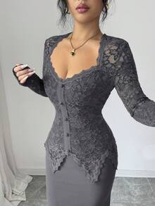 Modelyn Square Neck Lace Patchwork Button Waist Fitted Midi Dress For Women - Grey - View 4