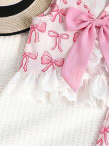 Emery Rose Kids Emery Rose Kids 女童蝴蝶结印花圆领蕾丝下摆背心和休闲裤套装 - 粉色 - 查看 6