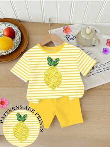 SHEIN 2pcs/Set Girls' Refreshing/Korean Casual/Active Sports/Sweet Summer Striped Short Sleeve Top + Solid Yellow Bike Shorts Set, Decorated With Sequin Lemon, Suitable For Daily Wear, School, Leisure Outings In Spring, Summer And Autumn - Multicolor - View 5