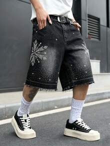 GALLERY FADE Pantalones cortos de mezclilla casual con bolsillos y adornos de diamante de imitación para hombres - Negro - Ver 5