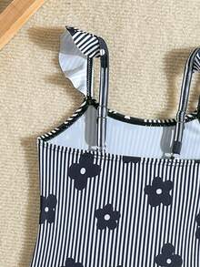 女嬰一件式泳衣，黑色直條紋花卉印花，荷葉邊肩帶，網紗裙，適合海灘、度假、外出、夏季 - 彩色 - 查看 4