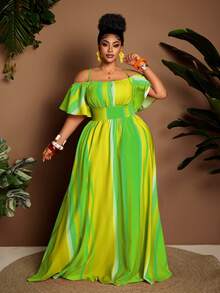 SHEIN CURVE+ Plus Size Sexy Off-Shoulder Cinched Waist Dress, Flattering Fit, Suitable For Halloween, Spring/Summer Beach Vacation Emerald Green - Green - View 3
