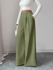 SHEIN Elenzya 秋冬亞麻感高腰寬腿褲，休閒素色，優雅風格適合日常穿著與工作，畢業季、復古音樂節、德比賽、日 - 橄欖綠 - 查看 3
