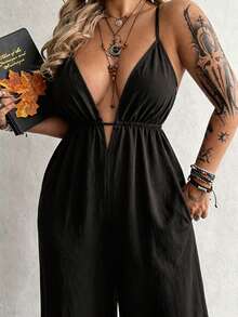 Whyspr Plus Size Dark Style V-Neck Cami Strap Waist-Cinched Long Loose Jumpsuit - Black - View 3