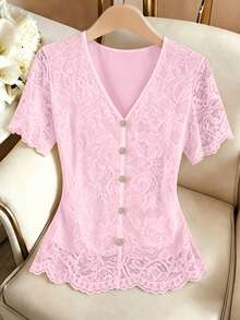 Qadelle Áo kiểu nữ tay ngắn cổ chữ V viền ren thanh lịch, thích hợp cho mùa hè. - Màu Hồng baby - Xem 1