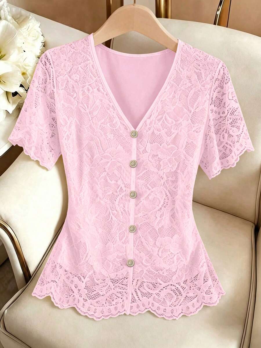 Qadelle Áo kiểu nữ tay ngắn cổ chữ V viền ren thanh lịch, thích hợp cho mùa hè. - Màu Hồng baby - Xem 1