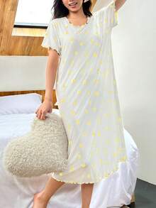 SHEIN 彩色爱心印花短袖睡裙 - 黃色 - 查看 4