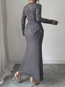 Modelyn Lace Patchwork Button Waist Fitted Plus Size Women Dress - Grey - View 2