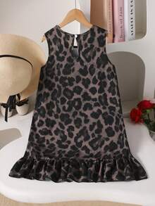 Plus Size Girls' Spring & Summer Casual Nordic Style Round Neck Sleeveless Ruffle Hem Leopard Print Woven Dress - Black - View 8
