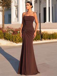 Glamrae Elegant Brown High-Elastic Mesh Strapless Dress With Asymmetric Pleats At The Waist And A Fishtail Train; No Or Flowing Panels; Evening Gow - Rust Brown - View 6