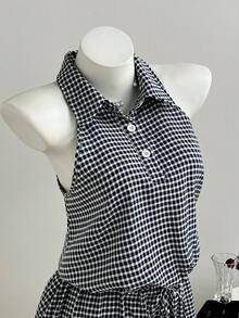 Elamini Spring Summer Autumn Woven Plaid Sweet Fashion Elegant Shirt Collar Front Button Sleeveless Off-Shoulder Cinched Waist A-Line Short Dress For Women - Multicolor - View 6