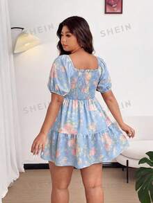 Vionelle Plus Size Women Floral Print Ruched Square Neck Party Dress - Baby Blue - View 2